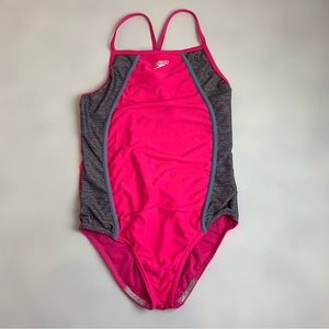 Speedo Girls Pink and Gray Thin Strap Slice Racerback One Piece Swimsuit…